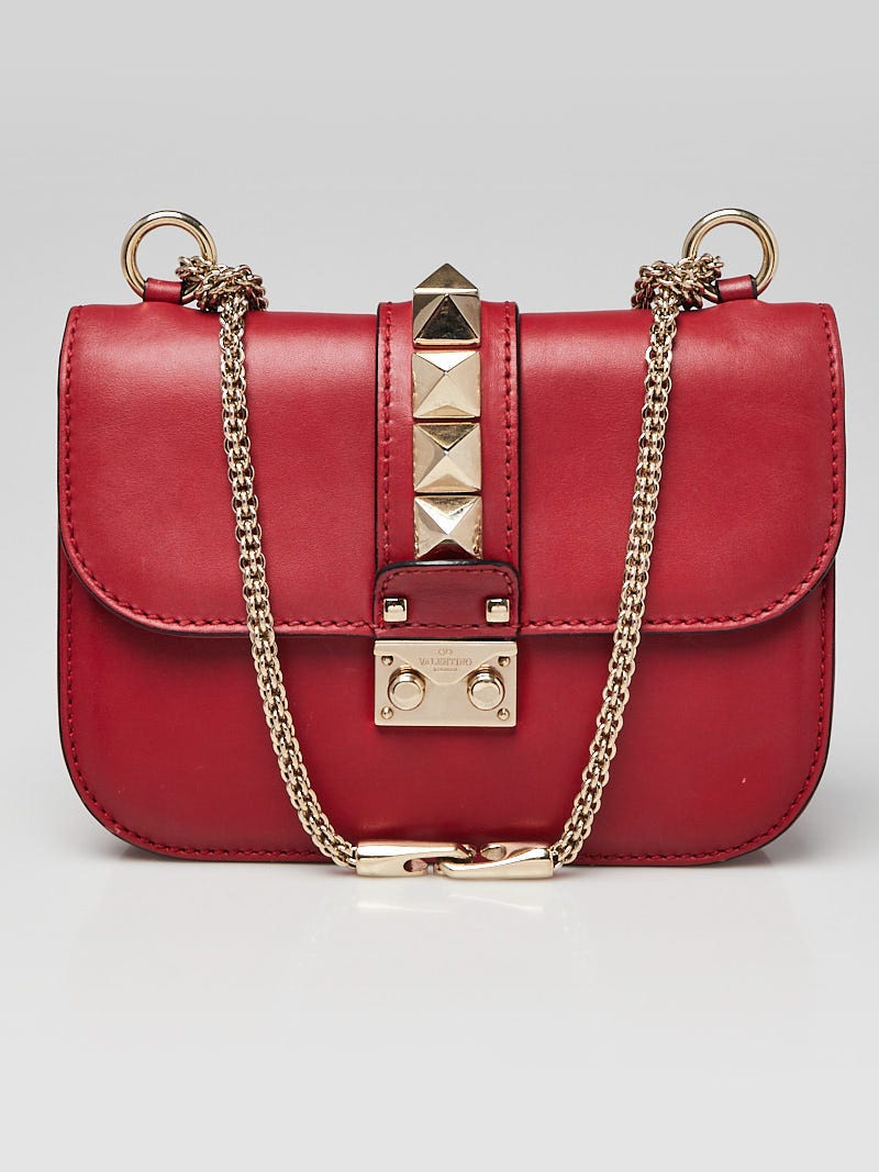 Valentino Red Leather Medium Glam Lock Chain Shoulder Bag