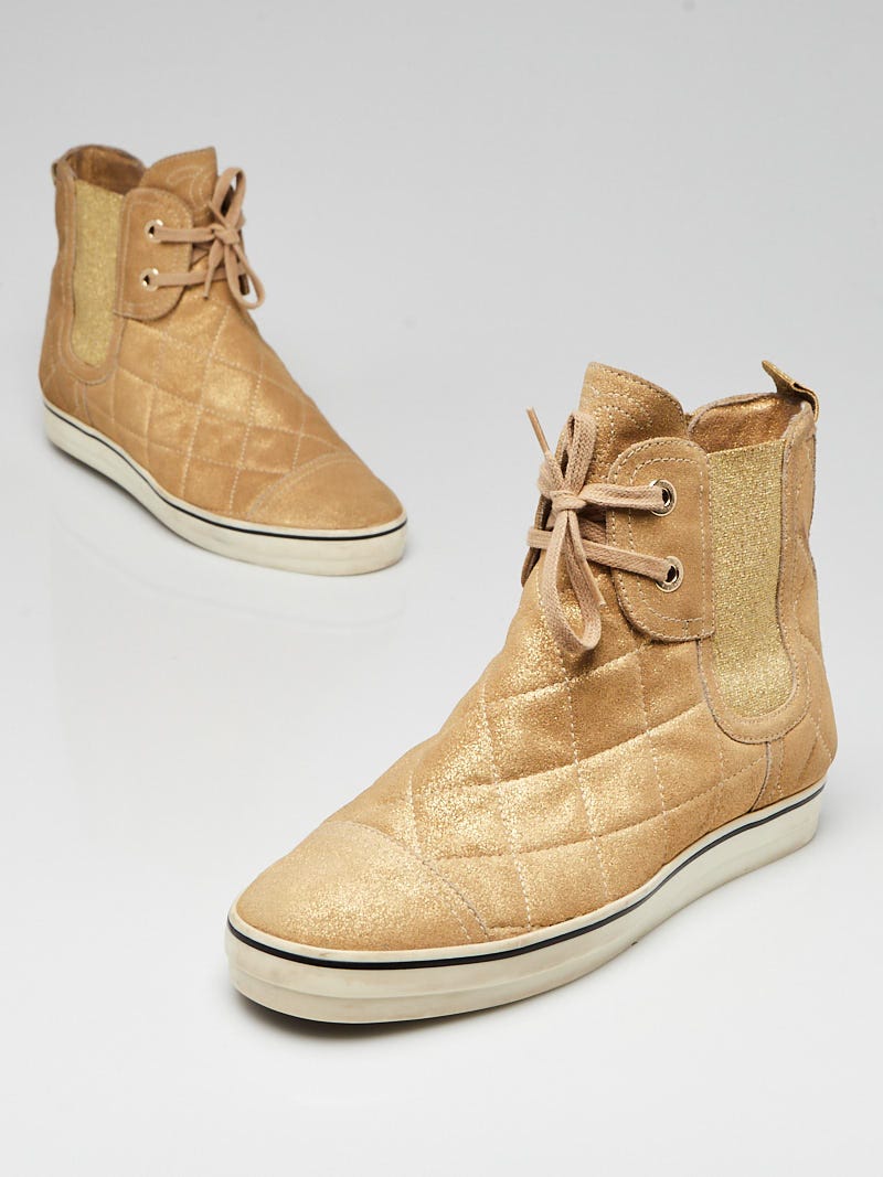 Chanel Metallic Gold Quilted Leather High Top Sneakers Size 8/ -  Yoogi's Closet