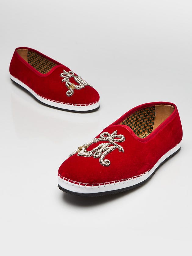 Gucci Red Velvet Moccasin Faux Pearl Embellished Flats Men's Size 8