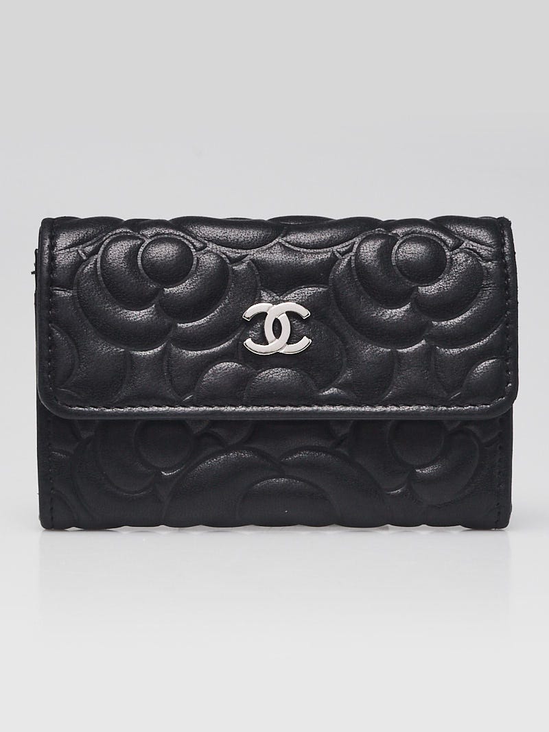 Chanel Black Embossed Lambskin Leather Camellia Compact Flap