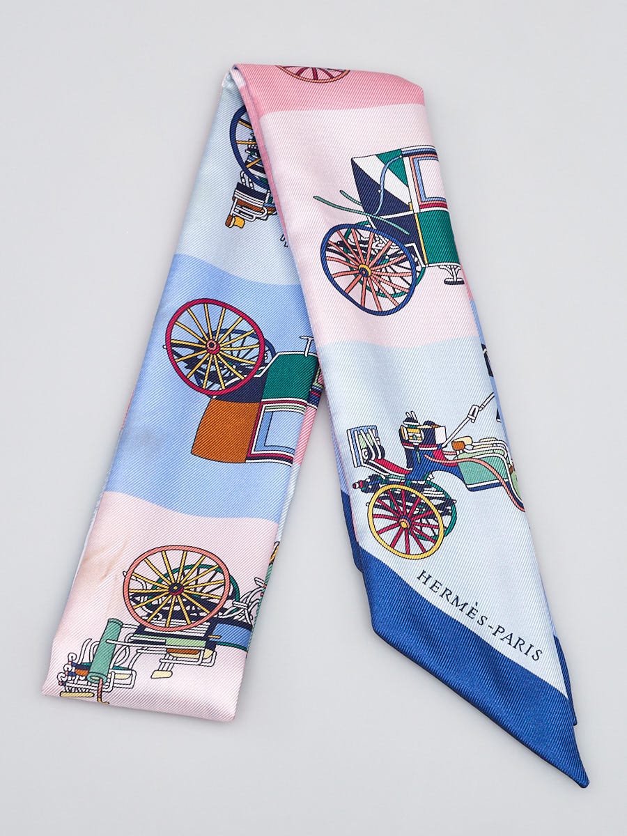 Hermes Pink/Blue Printed Silk Carriage Twilly | Yoogi's Closet