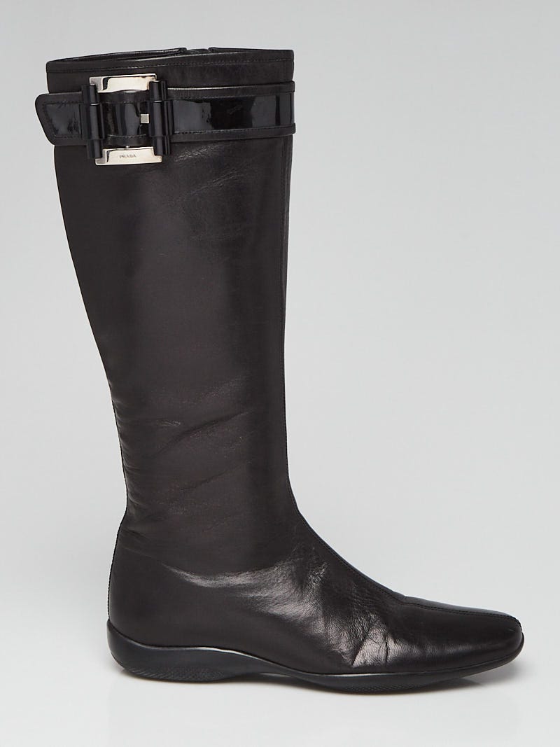 Prada Black Leather Buckle Flat Boots Size 6.5/37 | Yoogi's
