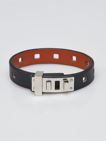 Hermes Black Leather Palladium Plated Mini Dog Bracelet Size T2