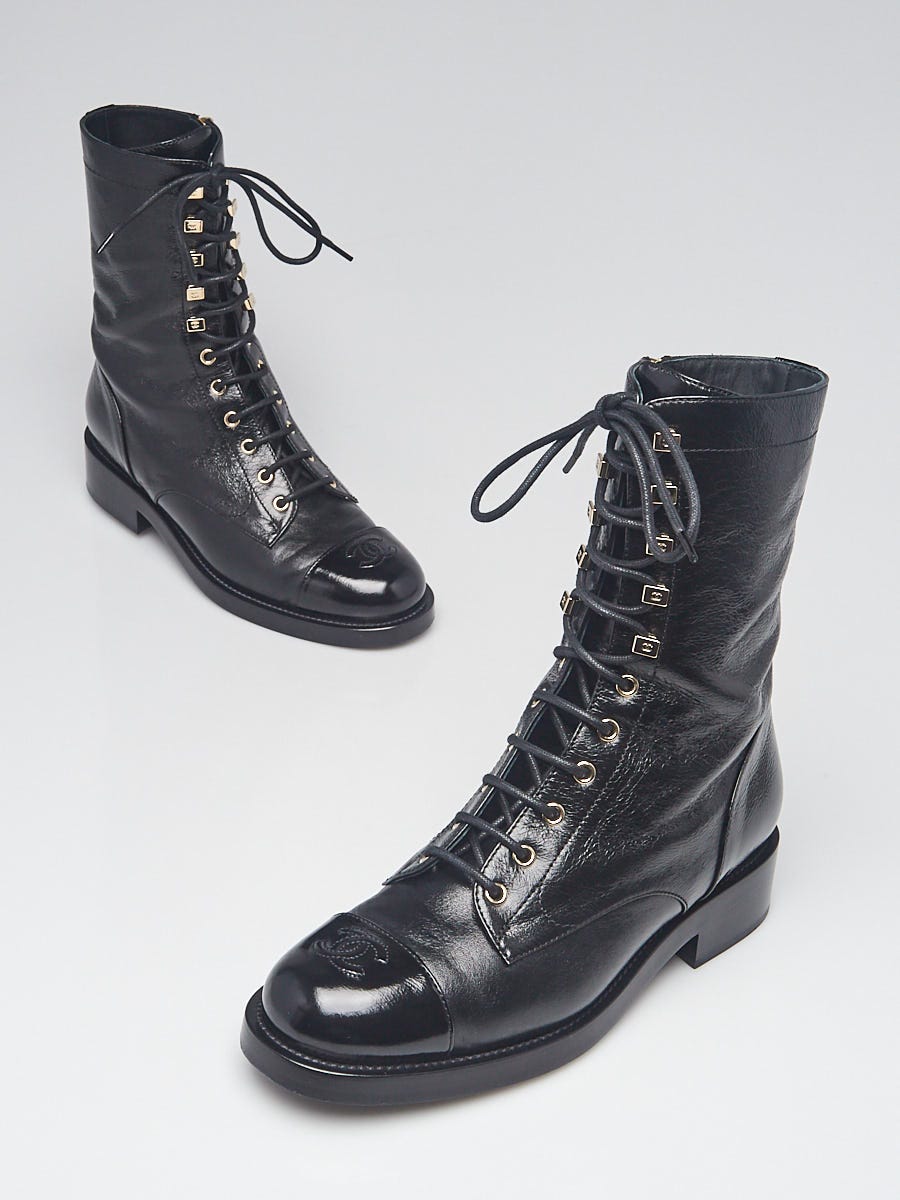 Chanel Black Glazed Leather Lace Up Combat Boots Size 10/ - Yoogi's  Closet