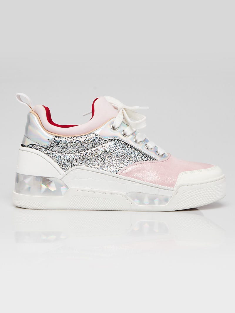 Christian Louboutin Pink/White Leather Holographic Glitter Aurelian Sneakers Size 5.5/36