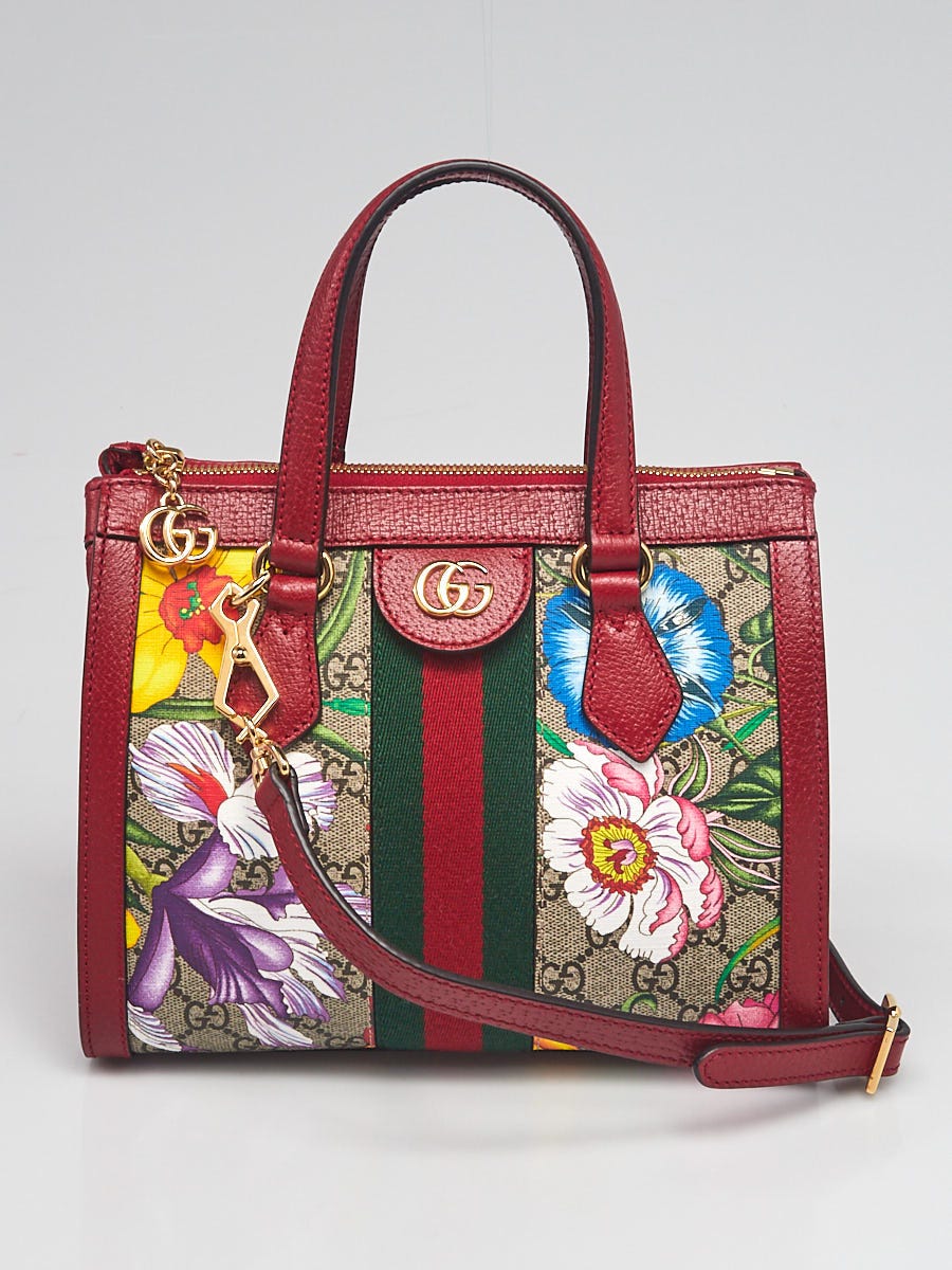 Gucci Red Leather GG Flora Coated Canvas Ophidia Small Tote Bag