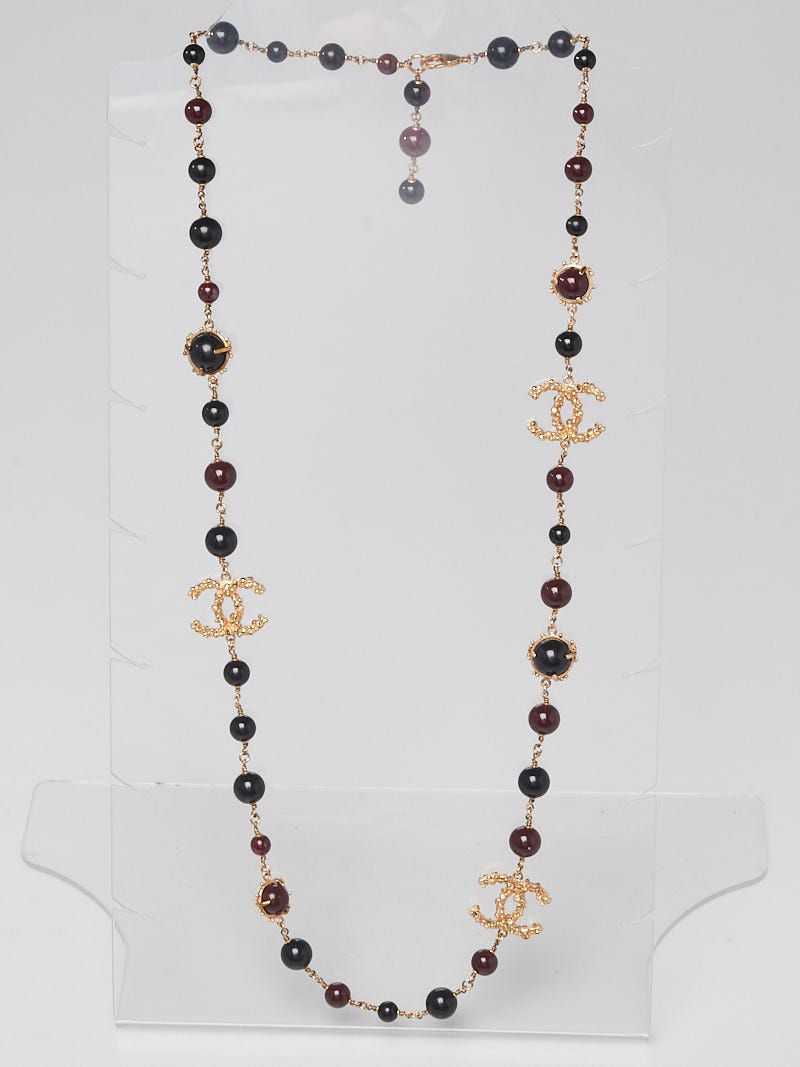Chanel Red/Black Beaded Goldtone Metal CC Long Necklace | Yoogi's