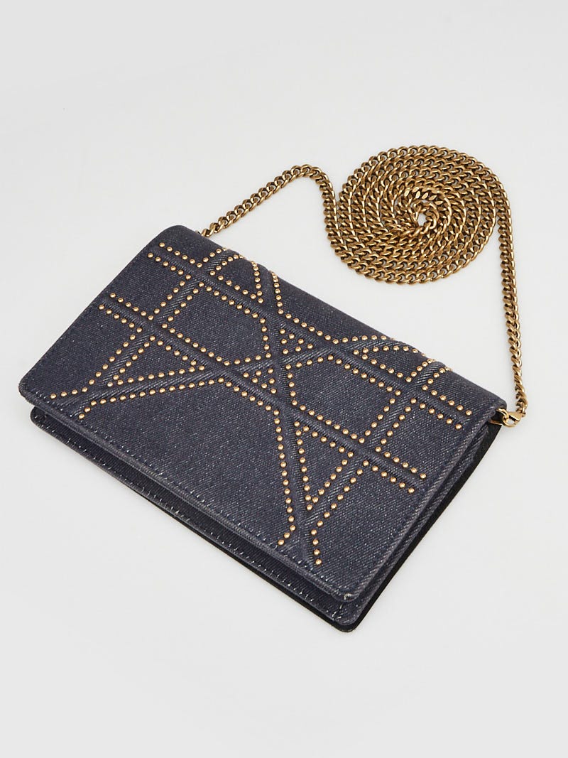 Christian Dior Blue Denim Studded Diorama Wallet on Chain Clutch