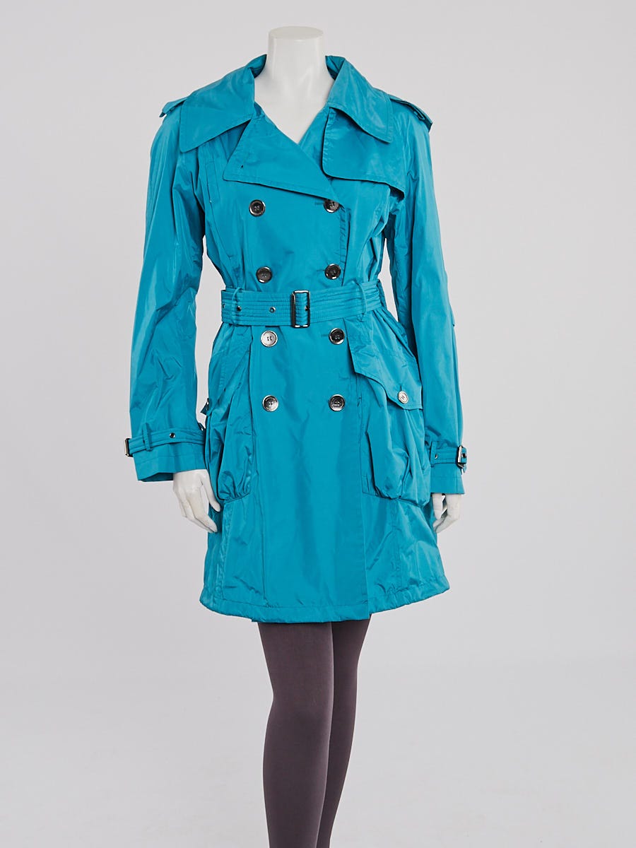 Burberry London Teal Nylon Hooded Rain Trench Coat Size 8 42