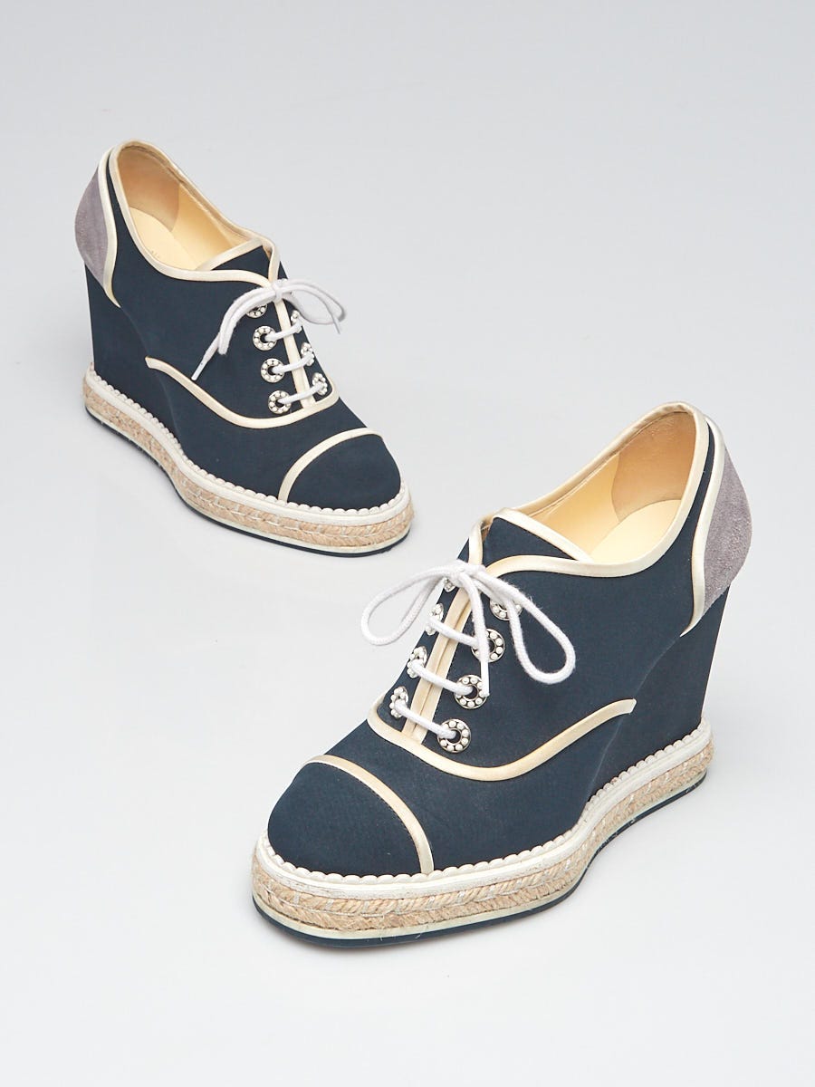 Chanel Navy Fabric and Grey Suede Leather Lace Up Wedge Heels Size 6.5/37 -  Yoogi's Closet