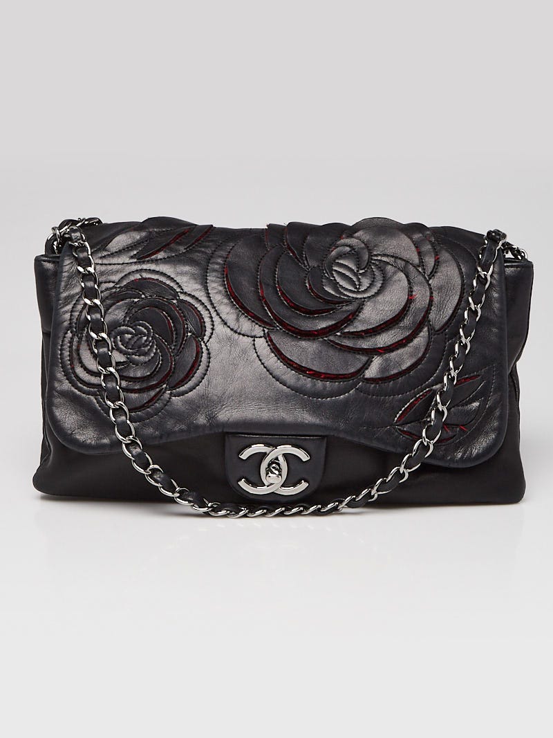 Chanel Card Holder Camellia Embossed Lambskin Black in Lambskin with  Silver-tone - US
