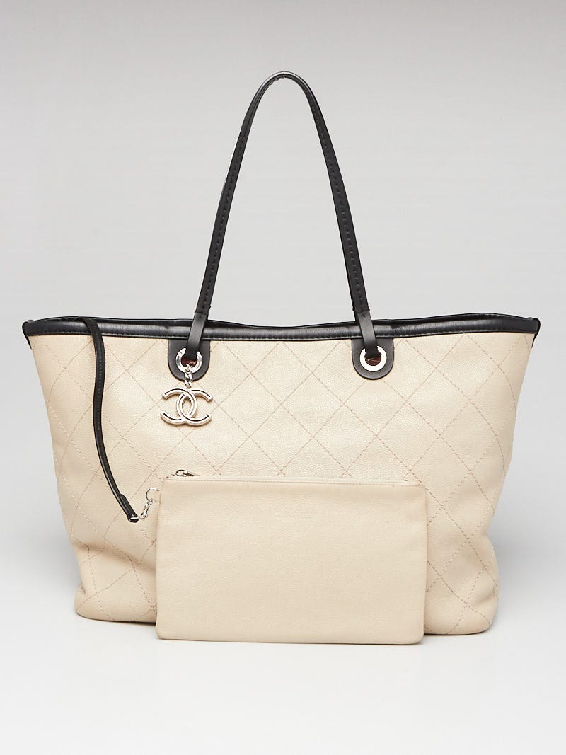 Chanel Beige/Black Quilted Caviar Leather Shopping Fever Tote Bag