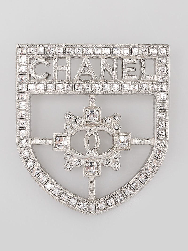 Chanel Silvertone Metal and Swarovski Crystal CC Shield Brooch - Yoogi's  Closet