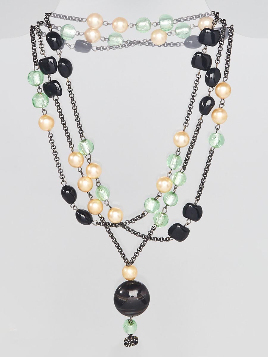 Chanel Black/Green/Ivory Bead/Faux Pearl Long Necklace - Yoogi's