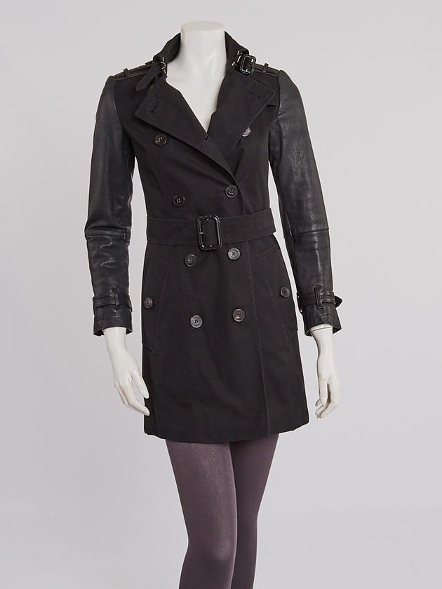 Burberry London Black Cotton and Leather Trench Coat Size 2/36
