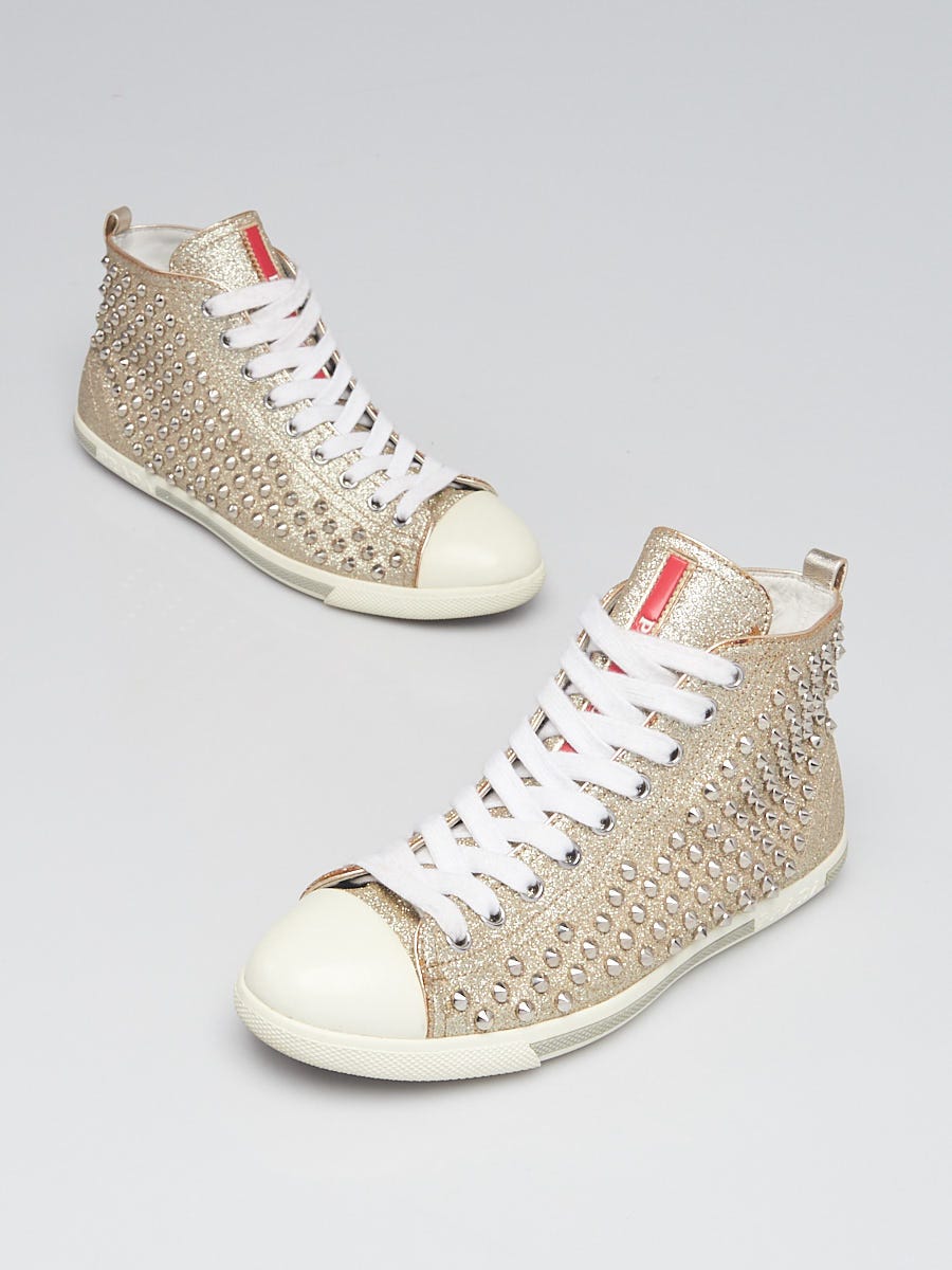 Prada Gold Glitter Leather Spiked Cap Toe Sneakers Size 6.5/37