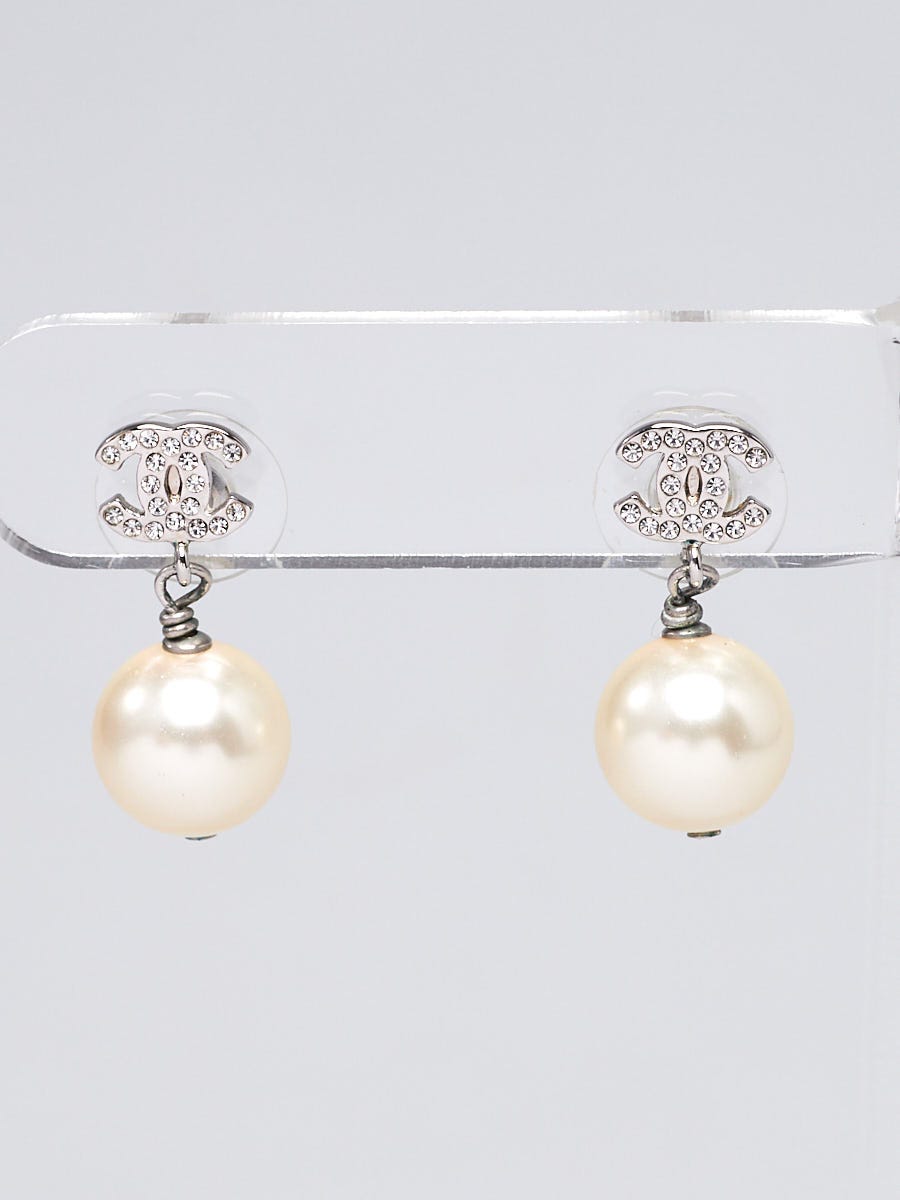Chanel Silvertone Metal Faux Pearl and Crystal CC Drop Earrings - Yoogi's  Closet