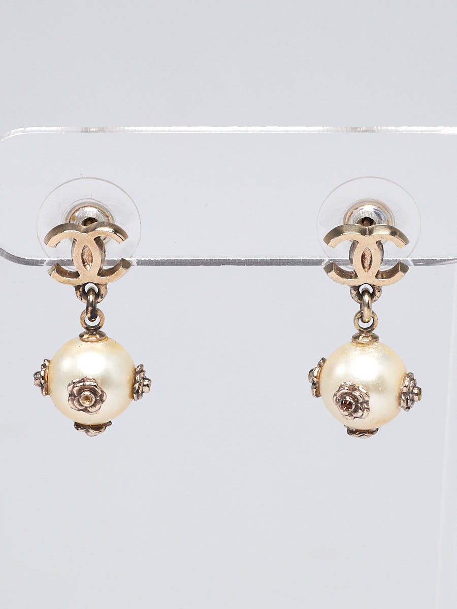 Chanel Goldtone Metal Faux Pearl and CC Camellia Drop Earrings - Yoogi's  Closet