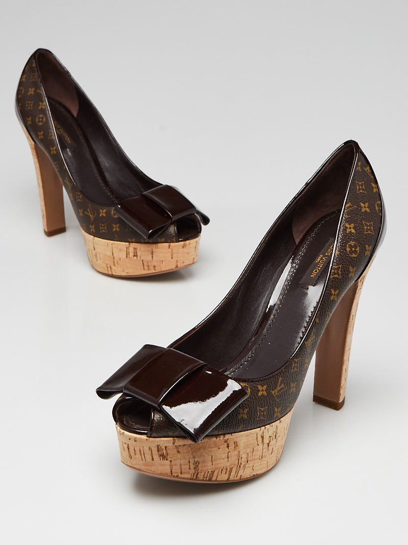 LOUIS VUITTON Monogram Cork Platform Heels with Bow and Patent