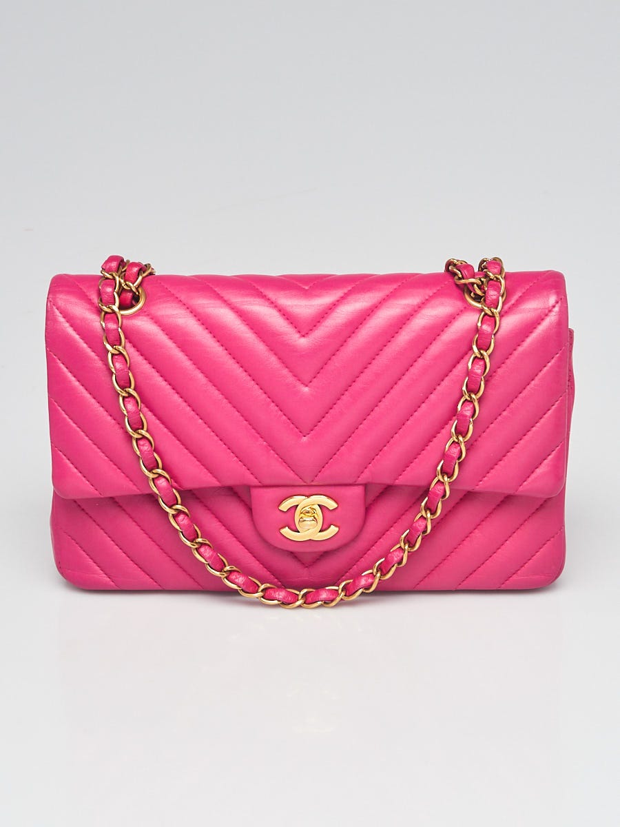 Chanel Pink Chevron Quilted Lambskin Leather Classic Medium Double Flap Bag  - Yoogi's Closet