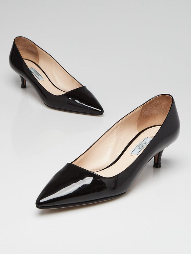 Prada Black Patent Leather Pointed Toe Kitten Heel Pumps Size 5.5/36