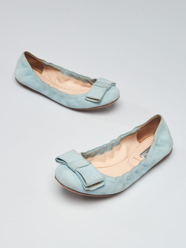 Prada Light Blue Suede Elastic Ballet Bow Flats 7/37.5
