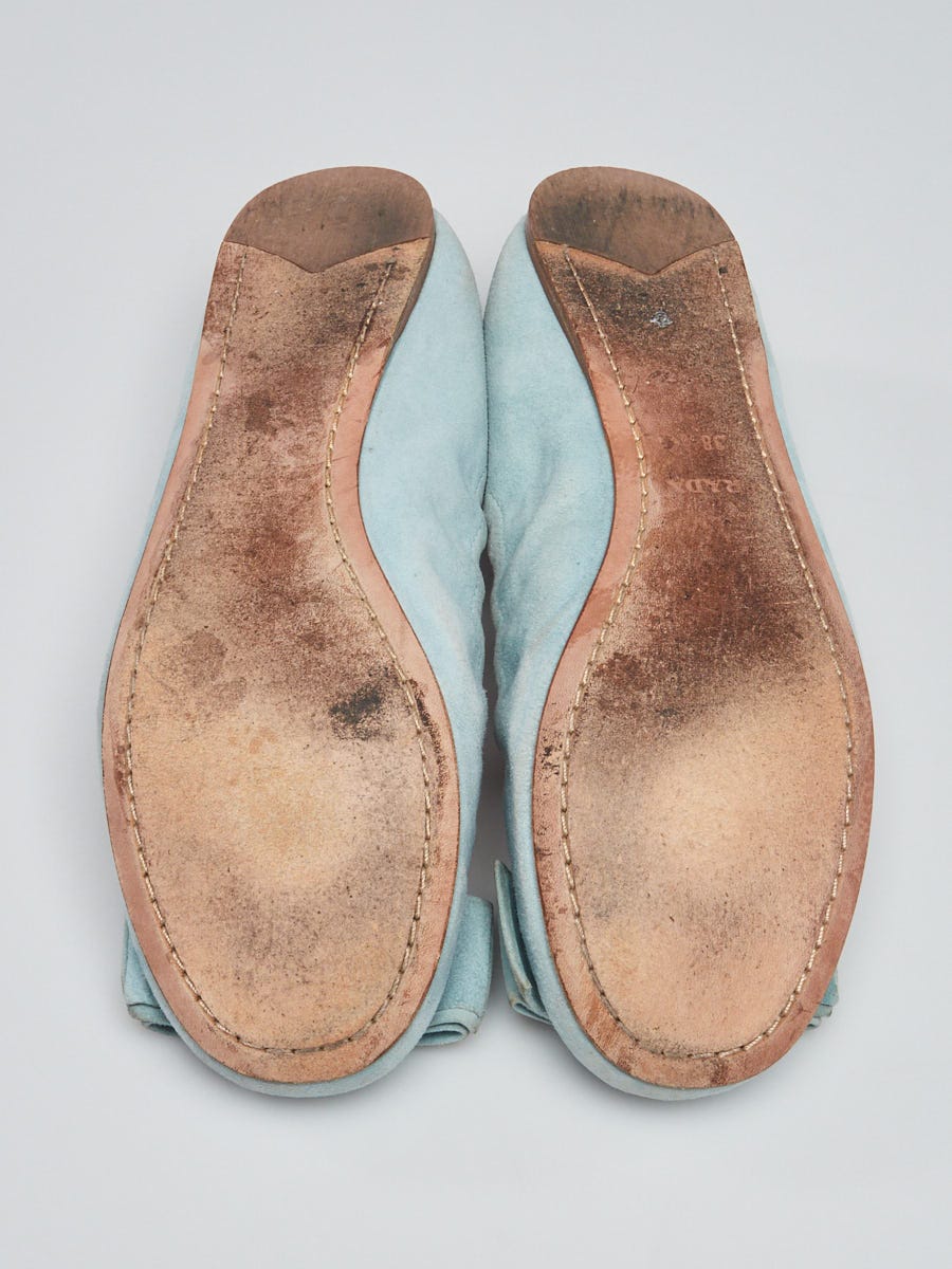Prada Light Blue Suede Elastic Ballet Bow Flats 7/37.5