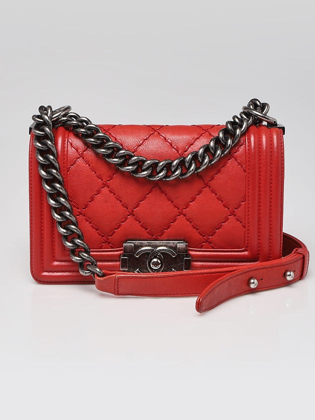Chanel Red Diamond Stitch Leather Small Boy Bag