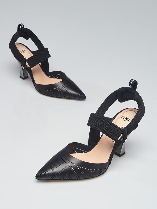 Fendi Black Perforated Leather Ankle Wrap Pumps Size 6.5/37