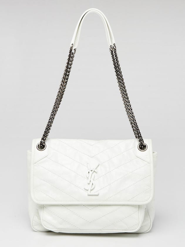 Yves Saint Laurent White Crinkled Calfskin Leather Medium Niki Bag
