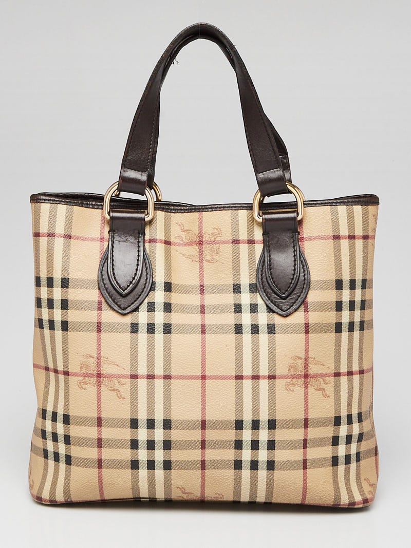 Burberry Haymarket Check Coated Canvas Brown Leather Small Regent Tote Bag  - Yoogi's Closet