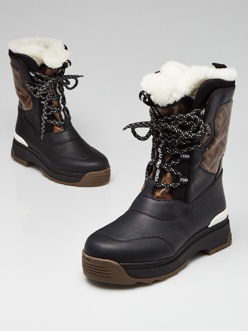 Fendi Black Leather Zucca Coated Canvas T-Rex Shearling Boots Size 7/37.5 -  Yoogi's Closet