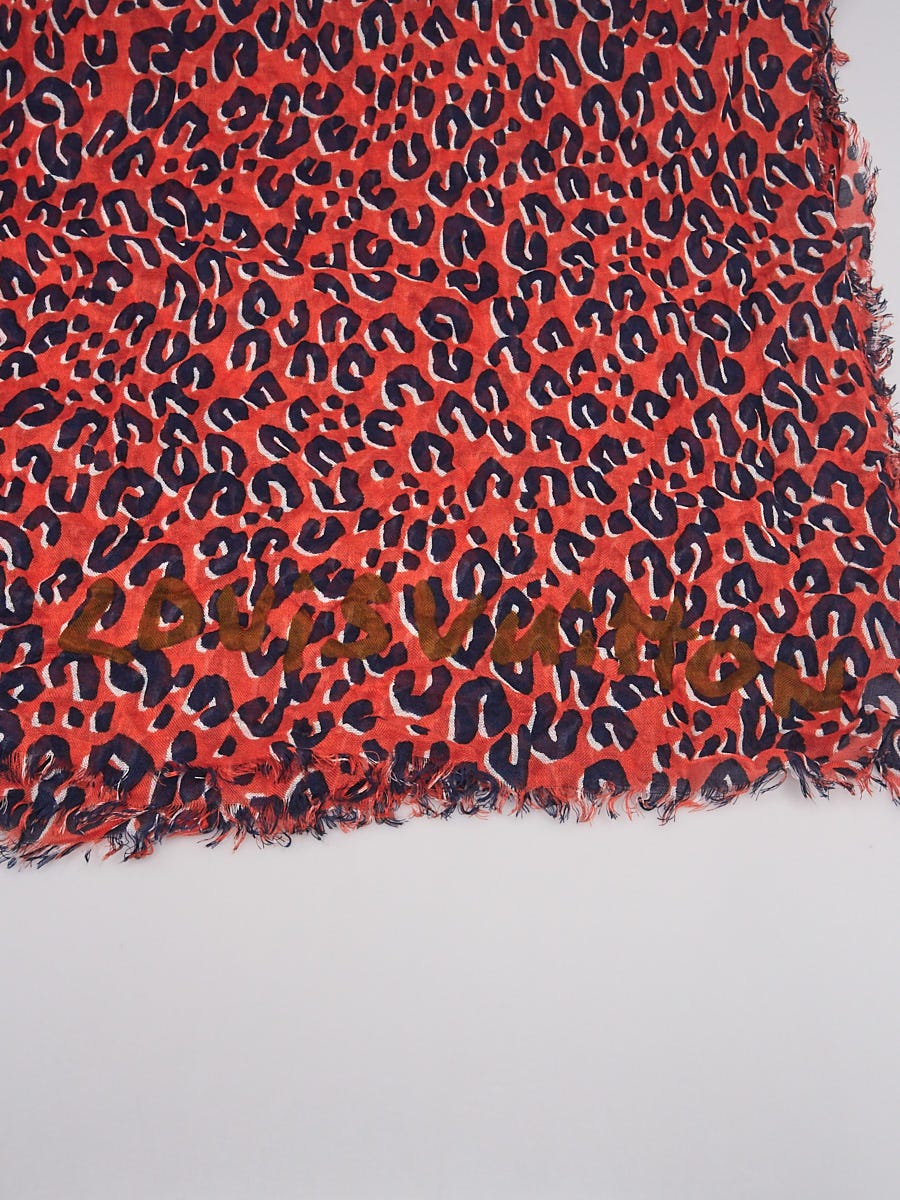 Louis Vuitton Red Navy Blue Leopard Silk Cashmere Stephen Sprouse Scarf  Shawl