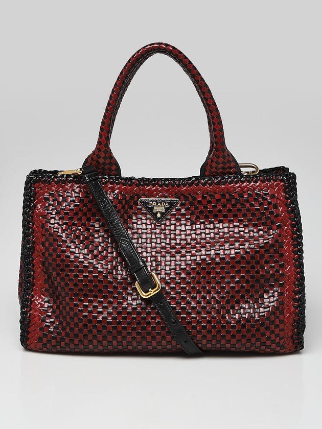 Prada Red/Black Woven Leather Madras Satchel Bag