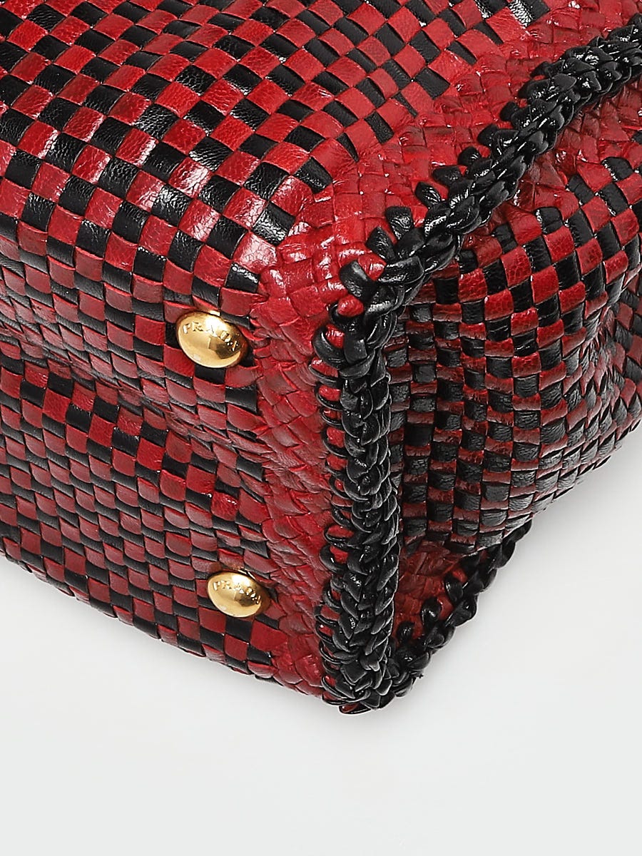 Prada Red/Black Woven Leather Madras Satchel Bag | Yoogi's Closet Prada Red/Black Woven Leather Madras Satchel Bag | Yoogi's Closet