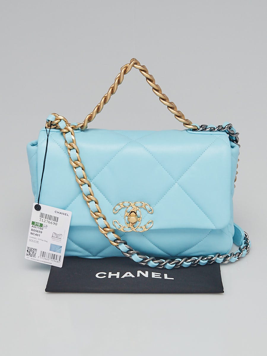 CHANEL Lambskin Quilted Chanel 19 Flap Coin Purse With Chain Light Blue  910490