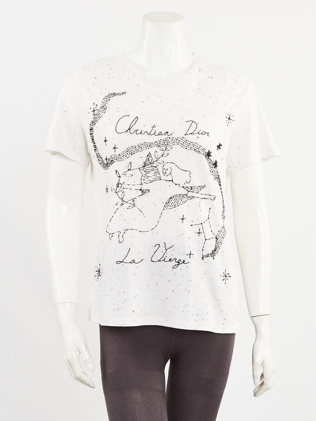 Christian Dior White/Black Cotton/Linen Beaded La Vierge Short Sleeve  T-Shirt Size S - Yoogi's Closet