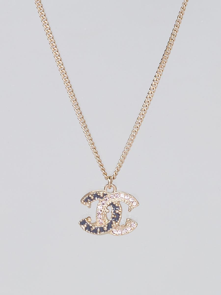 Chanel Goldtone Metal Pink/Grey Crystal/Resin CC Necklace - Yoogi's Closet