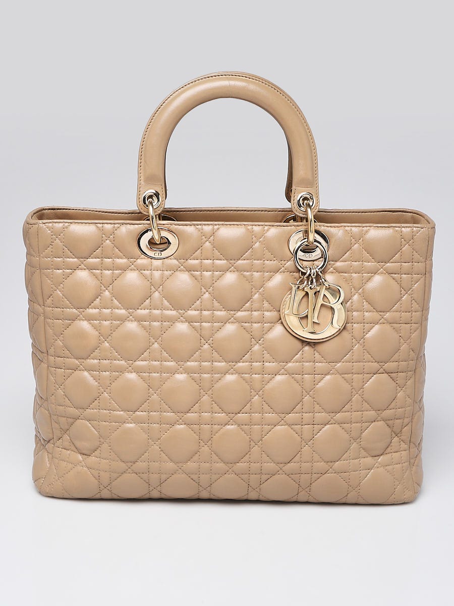 Christian Dior Beige Cannage Quilted Lambskin Leather Large Lady Dior Bag   Yoogis Closet