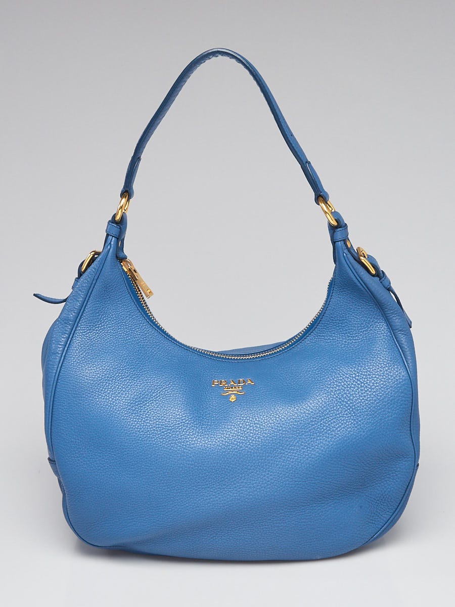 Prada Blue Vitello Daino Leather Top Handle Hobo Bag