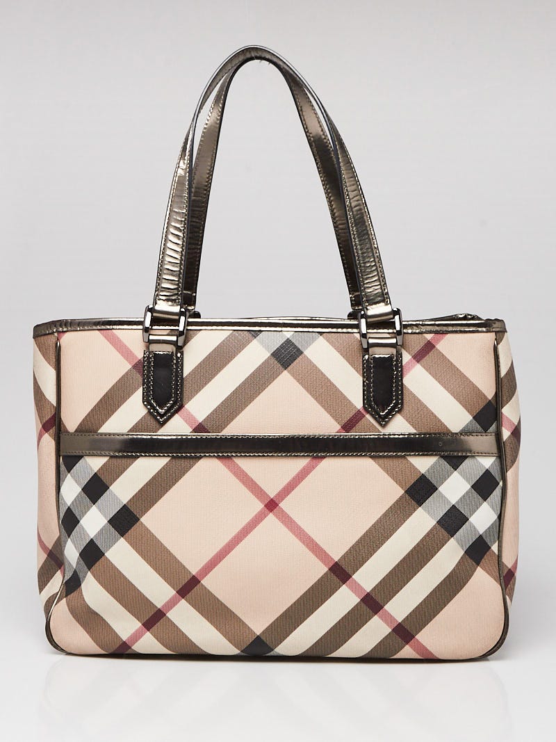 Burberry Bronze Patent Leather Supernova Check Coated Canvas Tote bag -  Yoogi's Closet