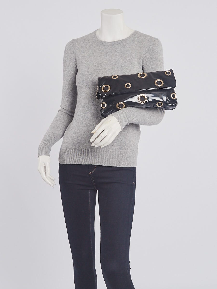 Stella McCartney Black Vinyl Fold Over Grommet Clutch Bag	