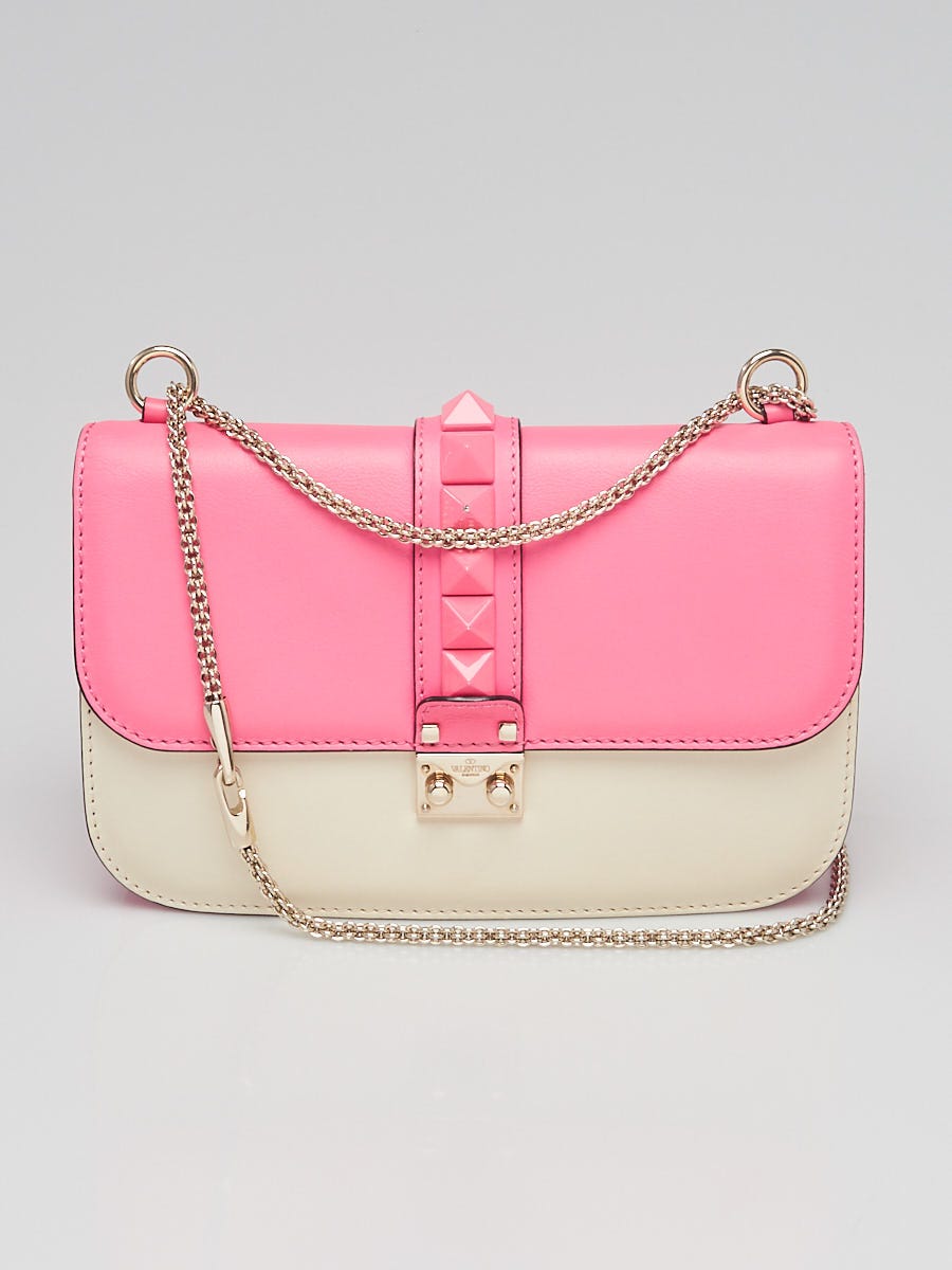 Dynamics Gå ned lejesoldat Valentino White/Pink Leather Glam Lock Medium Flap Bag - Yoogi's Closet