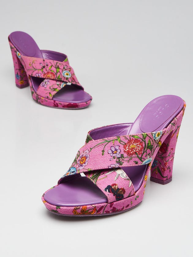 Gucci Purple Floral Canvas Open Toe Slide Heeled Sandals Size 3.5/34