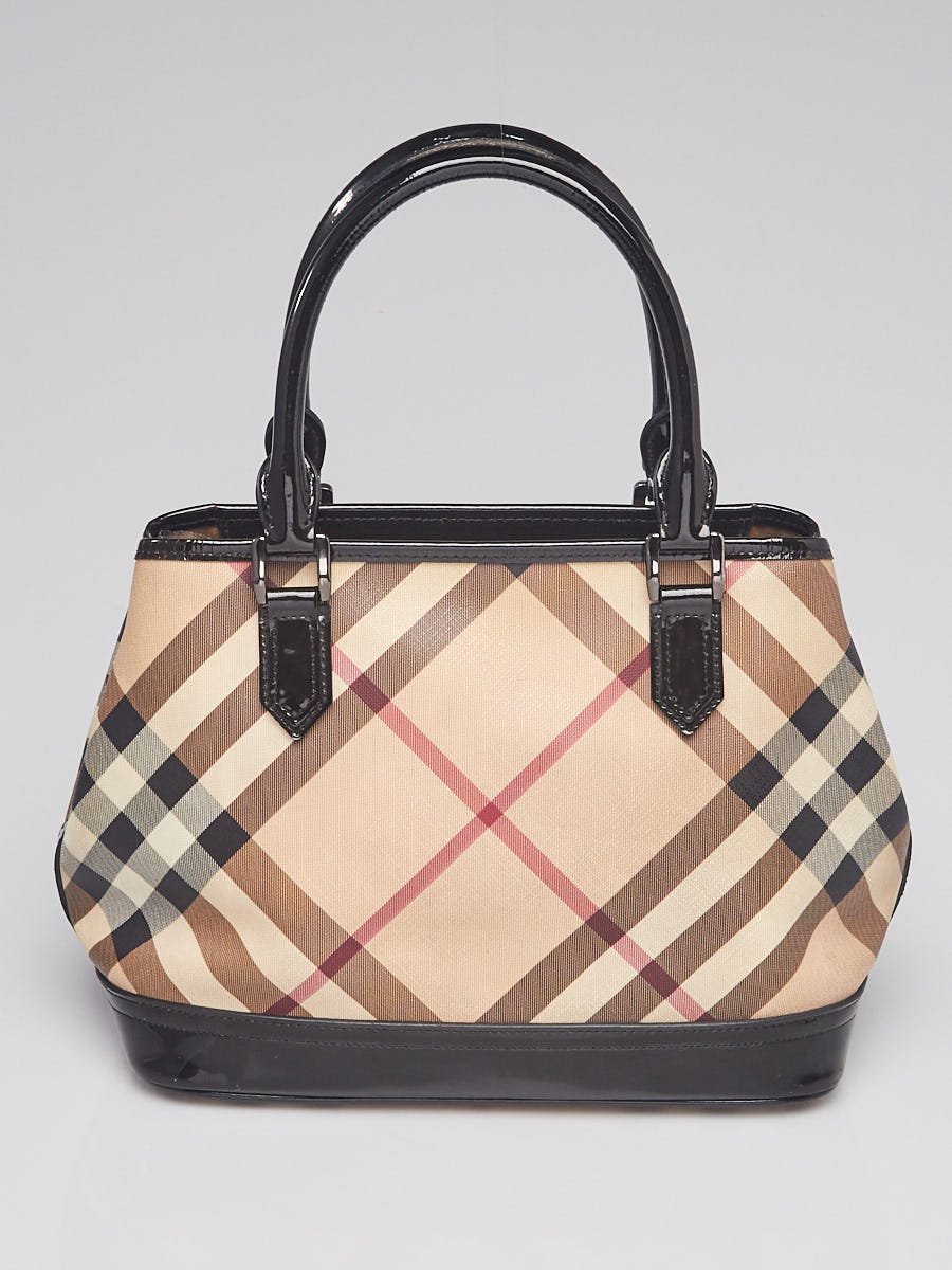 Burberry Black Patent Leather Nova Check Coated Canvas Small Tote