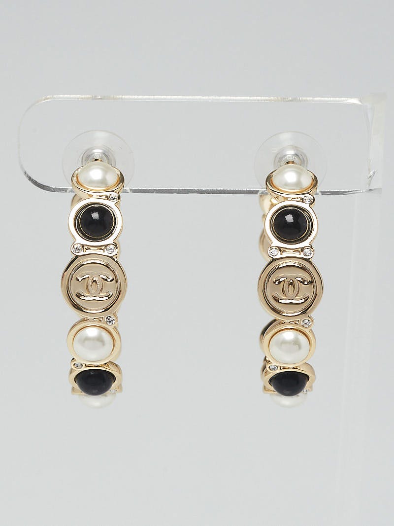 Chanel Goldtone Metal Black/White Resin Hoop Earrings - Yoogi's Closet