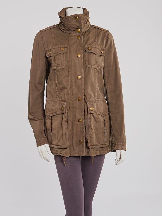 Burberry Military Green Cotton Zip Hooded Jacket Size S