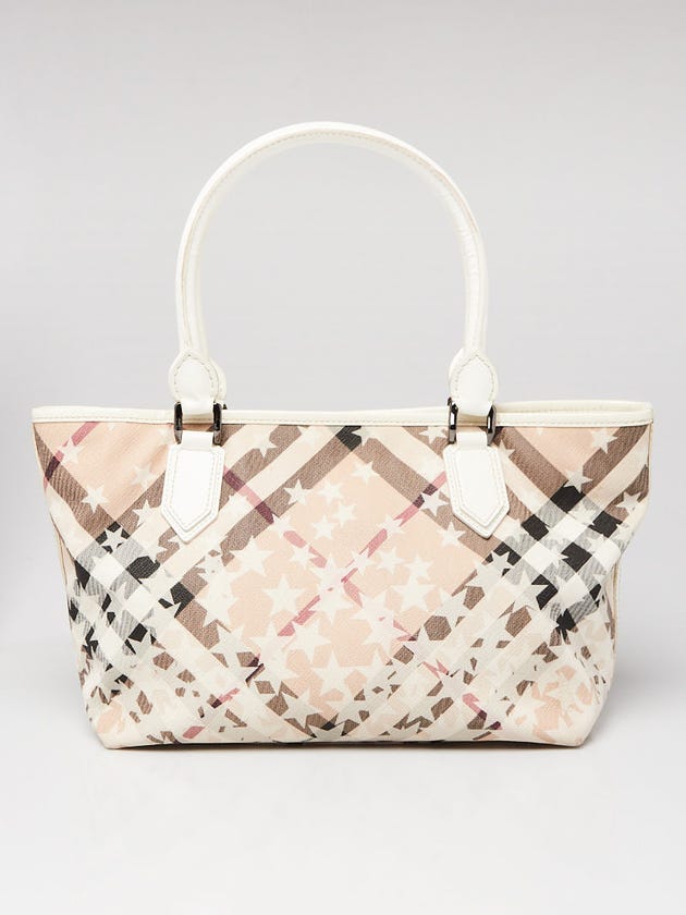 Burberry White Patent Leather Nova Printer Stars Coated Canvas Nickie Medium Landscape Tote Bag