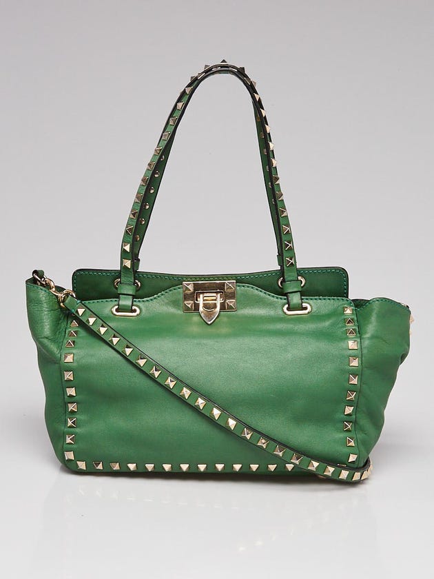 Valentino Green Leather Rockstud Trapeze Small Tote Bag