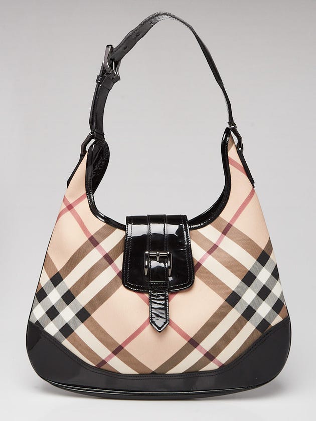 Burberry Black Patent Leather Nova Check Coated Canvas Brook Hobo Bag